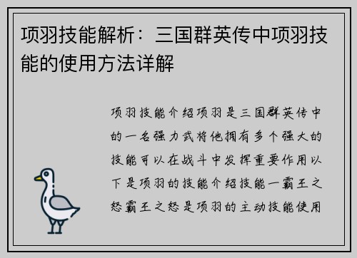 项羽技能解析：三国群英传中项羽技能的使用方法详解